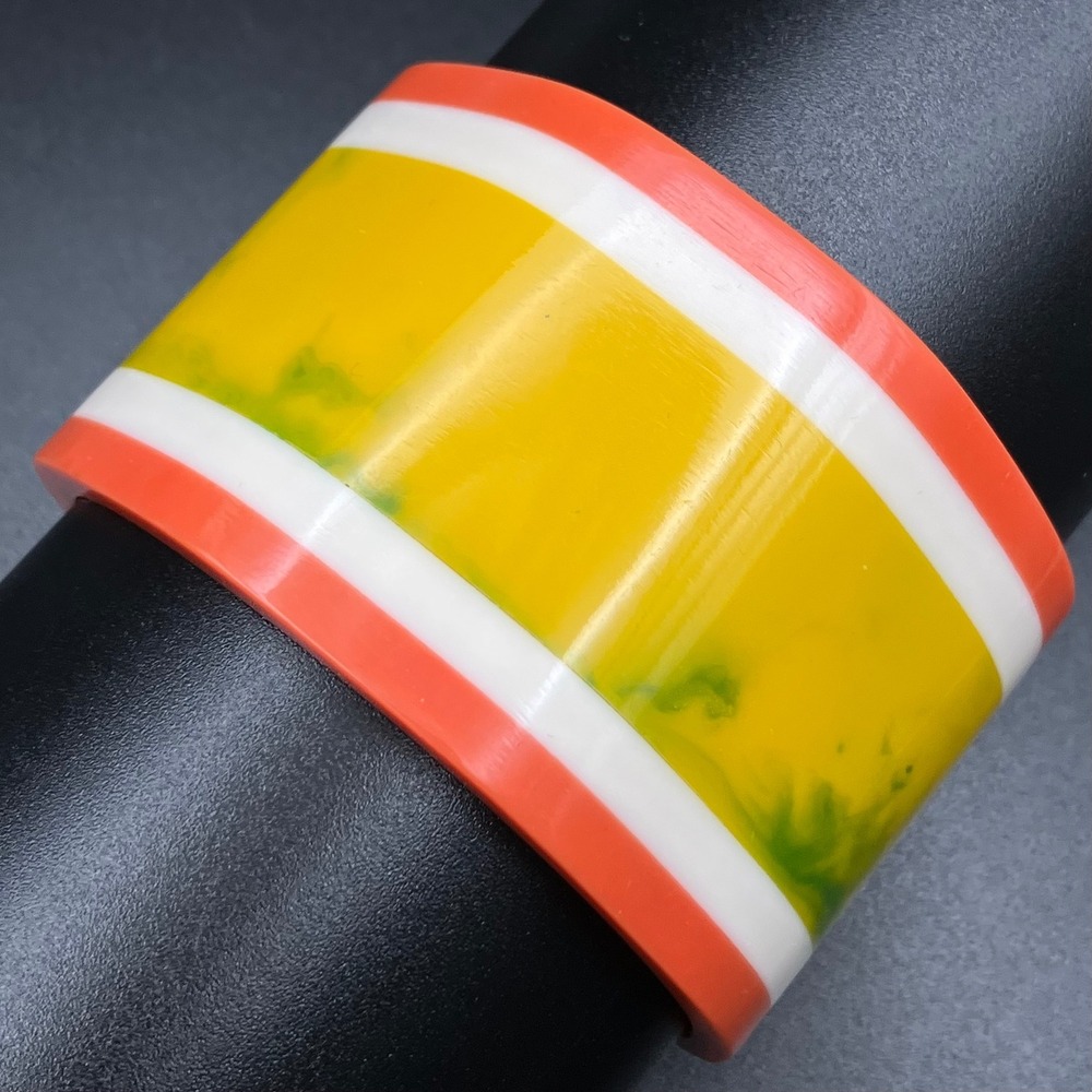 Vintage Bangle Bracelet Orange White Yellow Resin Wide Cuff Size 8.5
